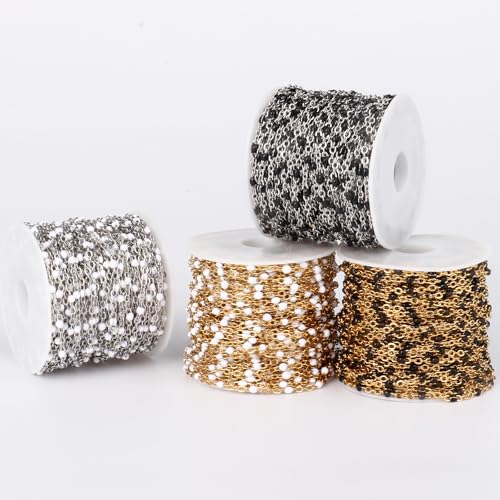 33 Feet Stainless Steel Enamel Chains Bulk, 2mm 304 Stainless Steel Black Enamel Beaded Cable Link Chain Roll Spool for Jewelry Making - color: Stainless Steel Black Beads