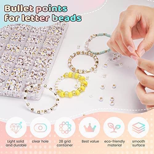 FZIIVQU 1400 Pcs Letter Beads Kit, 28 Styles White Acrylic Alphabet Letter Beads for Jewelry Making wiht Number Heart Bead Friendship Bracelet Kit - color: Golden Alphabet & White Base, size: 4*7mm