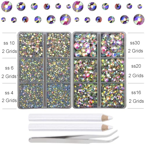 10000Pcs 2-Boxes Mixed Size Hot Fix Round Crystals Gems Glass Stones Hotfix Flat Back Rhinestones with Tweezers and Picking Pencil (Crystal AB) - color: Crystal AB, size: 2-Box (10000pcs)