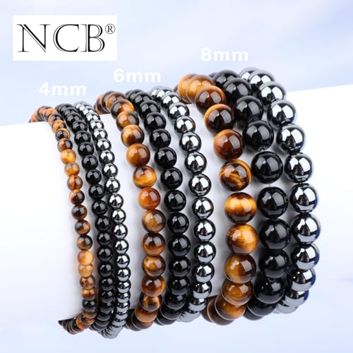 NCB 2.3-Piece 4mm Natural Crystal Gemstone Stretch Bracelets – Handmade Reiki Energy Healing Jewelry for Meditation,Yoga, Unisex - color: 3PCS ( Black Onyx+Hematite+Yellow Tiger's Eye ), size: 6mm