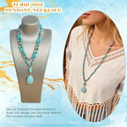 2 Pcs Boho Lapis Lazuli Jewelry Set for Women - Handmade Natural Stone Beaded Long Necklace with Oval Lapis Lazuli Pendant & Trapezoid Lapis Lazuli Earrings | Vintage Elegance | Ideal Gift for Her - style: Turquoise Pendant