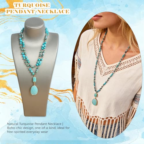2 Pcs Boho Lapis Lazuli Jewelry Set for Women - Handmade Natural Stone Beaded Long Necklace with Oval Lapis Lazuli Pendant & Trapezoid Lapis Lazuli Earrings | Vintage Elegance | Ideal Gift for Her - style: Turquoise Pendant