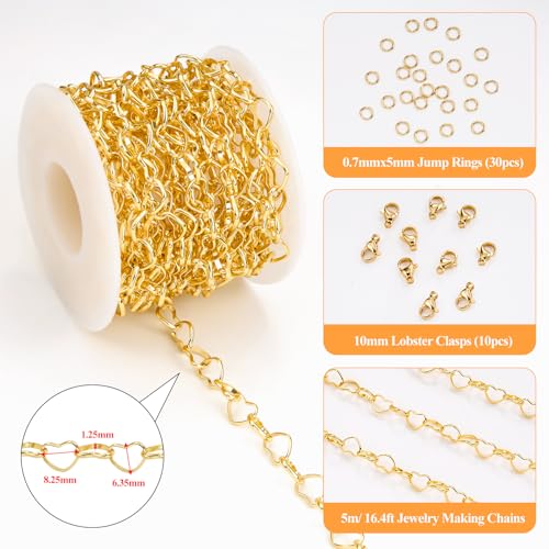 YOUBEIYEE 16.4 Feet Heart Chain 18K Gold Plated Stainless Steel Chains Bulk for Jewelry Making - color: Heart Gold
