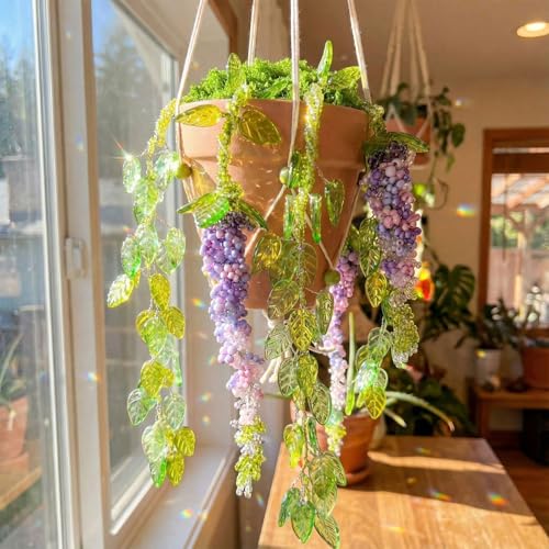 Potchen 13155 Pcs Wisteria Craft Beaded and 5 Inch Clay Pot Planter DIY Set, Glass Beads Plant Flower Making Kit with Artificial Moss Hanging Rope Purple Nature Series Colorful Crystal Leaf Jewelry