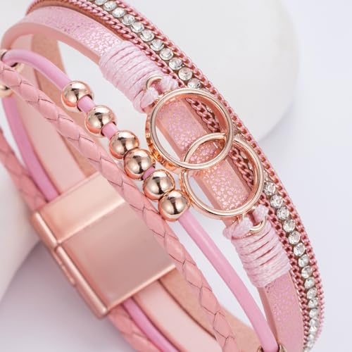FANCY SHINY Mothers Day Gifts Boho Leather Wrap Bracelet Stackable Infinity Chunky Cuff Bracelets Western Hippie Outfits Jewelry Valentine Gifts for Women - color: Pink