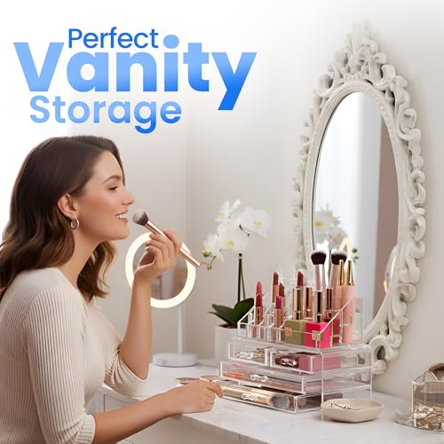 Masirs Clear Makeup Organizer - 16-Compartment Cosmetic and Jewelry Holder with 4 Drawers - Vanity Storage Box for Makeup, Skincare, Accessories, and Jewelry Display - size: 4-drawer | 16 Compartments