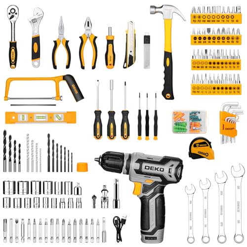 Tool Kit Box Drill Set：DEKOPRO Home Mechanic Toolbox with 12V Power Cordless Drill Hand Repair Tools Sets Combo Kits Storage Organizer Drawer Case for Men