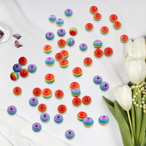200pcs 8mm Resin Rainbow Beads, Plastic Stripe Multicolor Beads for Jewelry Making, DIY Bracelets, Earrings, Keychains & Craft Projects (Purple) - color: Purple
