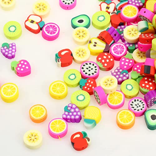 200PCS Colorful Fruit Polymer Clay Beads Kit - 10mm Mixed Fruit Spacer Beads for Jewelry Making DIY Bracelet Necklace - color: Clay Fruits