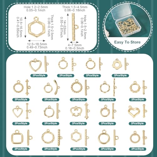 38Pcs Golden Toggle Clasp, 19 Styles Bracelet Closure Clasps IQ Toggle Clasps Oval Flower Heart Clasp Fastener Hook Toggle Connectors for Necklace Bracelet Jewelry Making - color: Golden-19 Styles