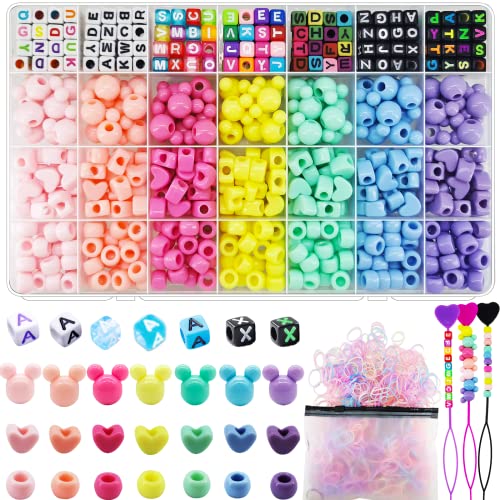 JJzxwish 1605 Pcs Hair Beads for Braids with Elastic Rubber Band Threaders Kit, Candy Color Acrylic Mickey Heart Star Alphabet Beads Pastel Pony Bead Kandi Bead for Bracelet Jewelry Making DIY Craft - color: Mickey Hair Beads