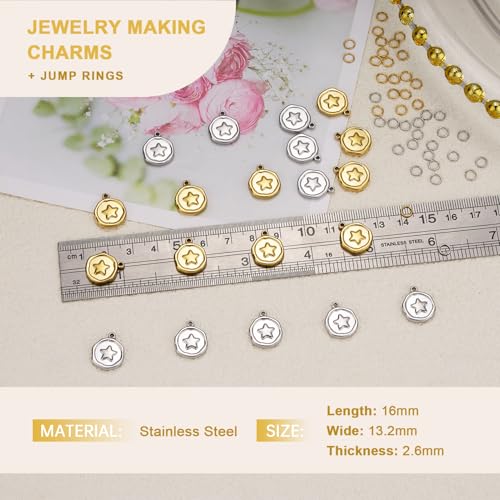 UMAOKANG Stainless Steel Charms Bulk for Jewelry Making Round Star Charm Pendant for Bracelet DIY Jewelry Supplies - color: Star Gold Silver