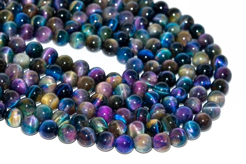 Natural Cat Eye Aurora Rainbow Tiger's Eye 6mm Smooth Round Beads Aka Galaxy Tiger's Eye Strand Smooth Plain Polished Round Ball Loose Gemstone Strand Beads, Jewelry Making 1 Strand 15 Inch