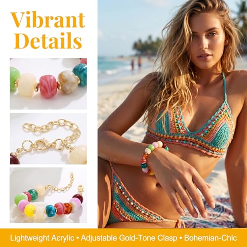 Boho Chunky Beaded Strand Bracelet for Women - Multicolor Acrylic Resin Beaded Bracelet, Adjustable Stackable Statement Jewelry for Summer Festivals