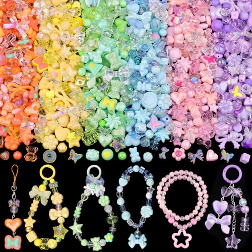 400-450PCS TINKRSTUFF Assorted Acrylic Beads 6 Mixed Colors Cute Beads for Bracelet Making, Bow Aesthetic Flower GummyBear Butterfly Kawaii Charms for Jewelry Making DIY Necklace Keychain Phone Charm - color: 6 Color Series-Pink+Blue+Purple+Green+Yellow+O