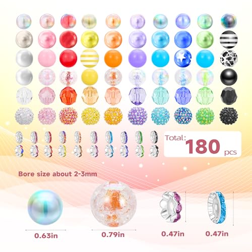 180 PCS Focal Beads for Pen Making, Include 100 PCS 20mm Rhinestone Beads 20 PCS 16mm Bubblegum Bead and 60 PCS Rondelle Spacer Bead, Perfect for DIY Pen Keychain Bracelets Jewelry - color: 180 PCS Round Beads