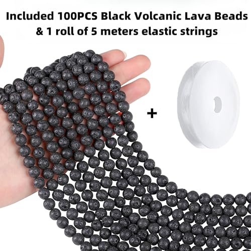 QINJIEJIE 100PCS Black Volcanic Lava Beads 8mm Natural Stone Beads Round Loose Gemstone Bead for Bracelet Beading Crystal Jewelry Making DIY Necklace Earrings 0.32" - color: Black volcanic Lava, size: 100PCS