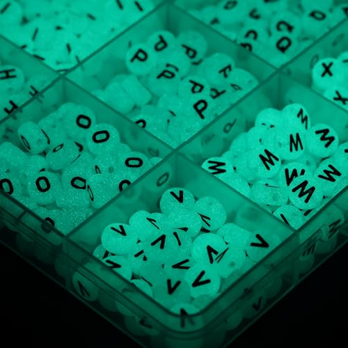 Melius 1450Pcs Acrylic Glow Letter Beads, Alphabetical Glowing in The Dark Beads in 28 Grid Box for Jewelry Making, DIY Bracelets, Necklaces, Key Chains (Glowing, 4x7mm) - color: Glowing, size: 4x7mm