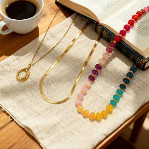 Gmai Layered Beaded Necklace for Women Colorful Trendy Snake Chain Circle Pendant Choker Gold Chain Adjustable Length Bohemian Rainbow Stackable Necklaces Jewelry Gift - style: Exquisite box packaging