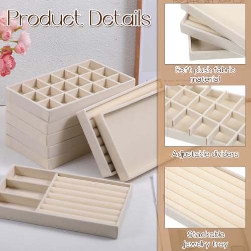 10 Pack Beige Jewelry Organizer Tray, Jewelry Drawer Organizer Inserts with Removable Dividers Stackable Velvet Ring Earring Storage for Rings Earrings Necklace Bracelet Watch Storage