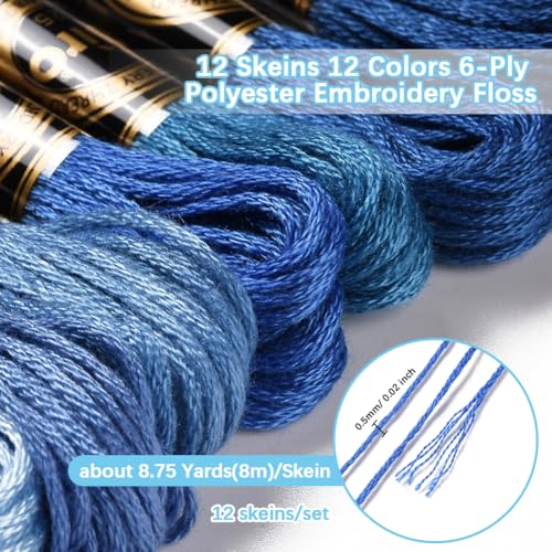 12 Skeins 105 Yards 6 Ply Variegated Embroidery Thread Friendship Bracelets String Blue Gradient Cross Stitch Floss Yarn Thread Bulk for Jewelry Making Hand Sewing Knitting Stitching Crafts - color: Blue