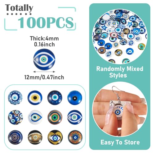 100Pcs/Set Flat Round Transparent Glass Cabochons with Pattern Eye Flatback Glass Dome Flatback Cab Beads for Photo Cameo Jewelry Making Necklace Ring DIY Crafts 12x4mm Evil Eye - color: 100Pcs-12x4mm-Evil Eye