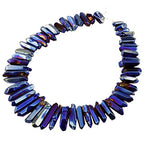 SUNYIK Deep Blue Titanium Coated Crystal Points Quartz Polished Sticks Spikes Point Beads 15 inch Strand Drilled - color: Deep Blue/Purple(Polished), size: 0.5"-1.6"