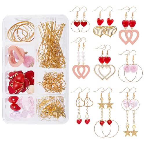 SUNNYCLUE 1 Box DIY 9 Pairs Valentine's Earring Making Kits Heart Enamel Charms Wood Pendants & Glass Beads & Earring Hooks for Women Beginners DIY Earring Jewelry Making