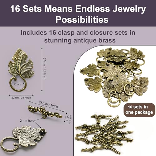 Heather's CF Toggle Jewelry Clasps – Durable Quality, Antique Grape Leaves Brass Finish Toggle Clasps & Closures for Necklace, Bracelet & Charms – Ideal for DIY, & Jewelry Making – Large (Set of 16) - color: Large brass toggle clasp
