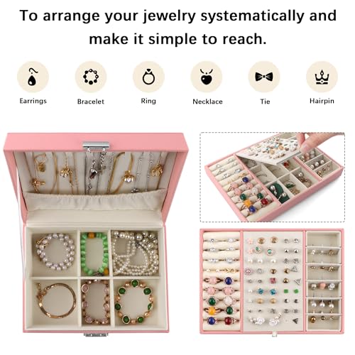 Homeanda Jewelry box 2 layer Jewelry box Leather Jewelry boxes for Women Girls Teens Jewelry organizer box Jewelry Storage box with lock(Pink) - color: Pink