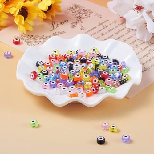 Beadthoven 180pcs Evil Eye Acrylic Disc Beads 7x4mm Flat Round - Transparent Mix Plastic Pony Beads & Spacers for Jewelry Making DIY Crafts - color: Evil eye Multicolor