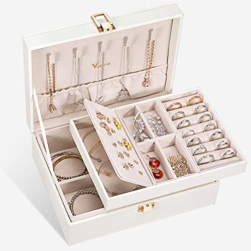 Voova Jewelry Box Organizer for Women Girls, 2 Layer Large Men Jewelry Storage Case, PU Leather Display Jewellery Holder with Removable Tray for Necklace Earrings Rings Bracelets, Vintage Gift, White - color: White