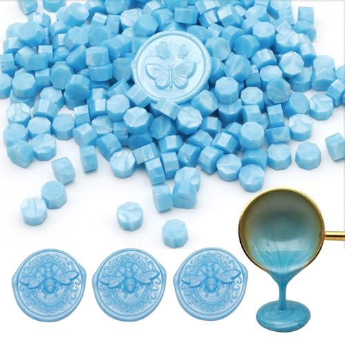 250pcs Wax Seal Beads Baby Blue, Andotopee Premium Sealing Wax Beads for Stamp Seals, Octagon Metallic Seal Stamp Pellets Refill Pack for Wedding Invitation, Letter Envelope, Scrapbook DIY Crafts - color: Baby Blue