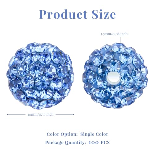 100Pcs 10mm Light Blue Rhinestone Beads for Jewelry Making, Shiny Round Disco Ball Sparkly Beads Bulk with 10-Grid Storage Box for DIY Baseball Necklaces Shamballa Bracelets - color: Light Blue