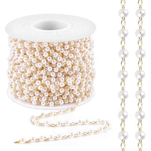 Lainballow 49Ft 3mm Pearl Beads Chain Faux Pearl Beads for Crafts Pearls Garland with Gold Plated Stainless Steel Link Chain Artificial Pearls Chain Trim for Bracelet Necklace Wedding Christmas Party