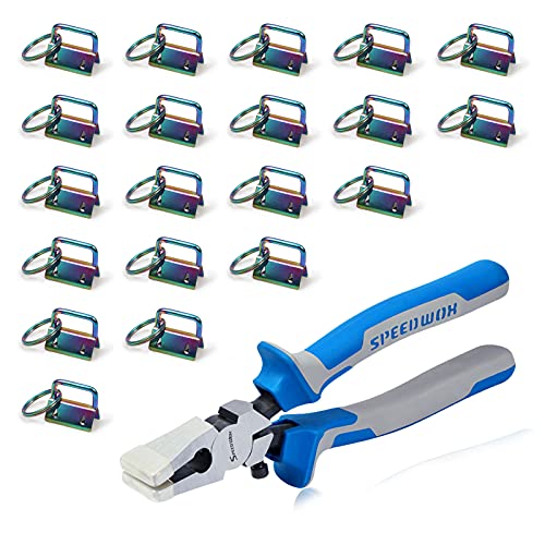SPEEDWOX 20 Pcs 1" Rainbow Key Fob Hardware Set with Key Fob Pliers, 8 Inches Glass Breaking Pliers with Rubber Tips TPR Handles, for Wristlet Keychain Key Lanyard Making - size: 1" Rainbow