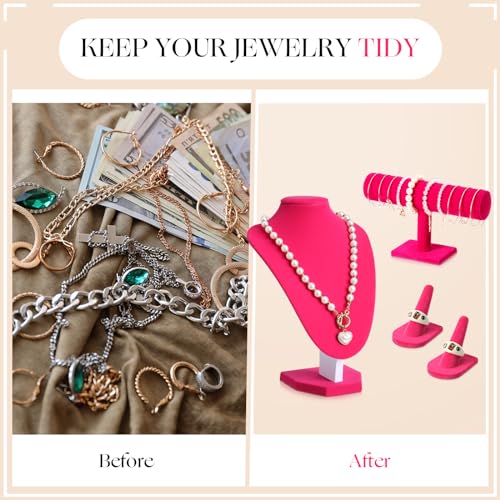 Wenqik 4 Pcs Velvet Jewelry Display Set Velvet Necklace Bust Holder Bracelet Organizer 2 Ring Finger Jewelry Holder - color: Rose Red