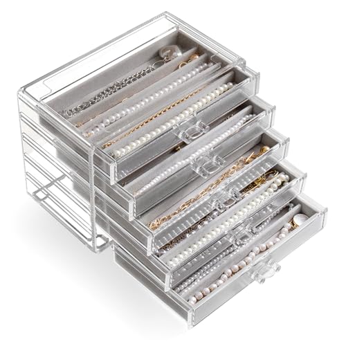YUFONG Necklace Holder Organizer, Dustproof Necklace Box Velvet Necklace Organizer Box with Lid Clear Acrylic Dustproof Stackable Jewelry Displays for Necklaces Chain Display (Gray, 5 Drawer) - color: Gray, size: 5 Drawer