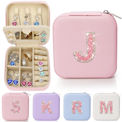 Sparkling Initial Jewelry Box Organizer,Personalized Travel Jewelry Box for Girls & Women,Glitter Rhinestone Jewelry Case Gifts for Mother's Day,Birthday,Christmas,Small Size (Pink, J) - color: Pink, size: J