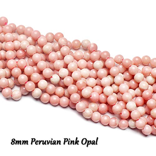 70PCS Natural 8MM Healing Gemstone, Peruvian Pink Opal Energy Stone Round Loose Beads, Semi-Precious Crystal Beads with Free Elastic String for Jewelry Making DIY - color: Peruvian Pink Opal
