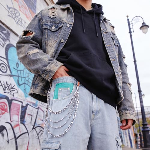 Layered Punk Pants Chain for Men Women, Gothic Hip Hop Jean Chain Wallet Chain Biker Trouser Chain, Goth Emo Fashion Keychain Accessories - color: 4L-Silver Chain