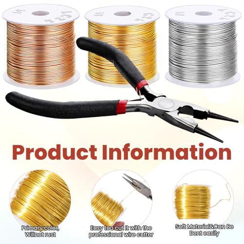 3 Rolls 20 Gauge Wire for Jewelry Making with Pliers, Tarnish Resistant Copper Beading Wire, Bendable Metal Wires for Crafts, DIY Craft Making, 22m per Roll, Gold/Silver/KC Gold