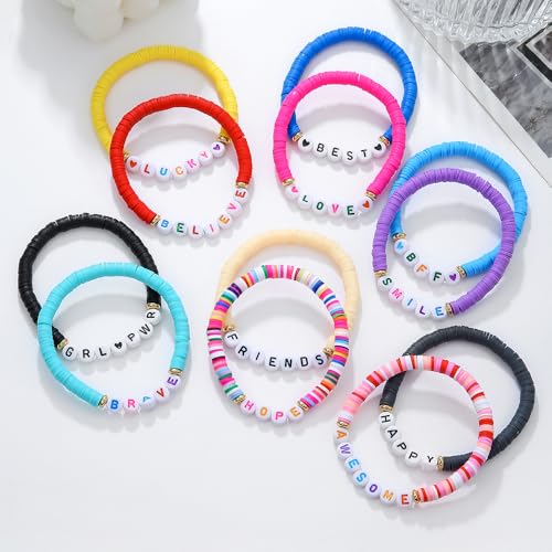 Friendship Bracelets Boho Stackable Bracelets for Women Surfer Heishi Clay Bead Bracelets Stretch Preppy Bracelets Colorful Boho Bracelets for Women - color: 12PCS Red Believe