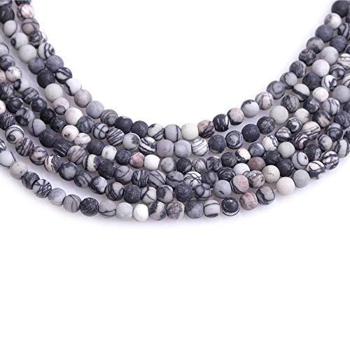 4mm Matte Natural Black Web Picasso Jasper, 15 Inch Strand 95 Beads, Frosted Round Stone Gemstone Spacer Beads for Jewelry Making Bracelet Necklace Earrings - color: Black Web Webbed, size: 4mm