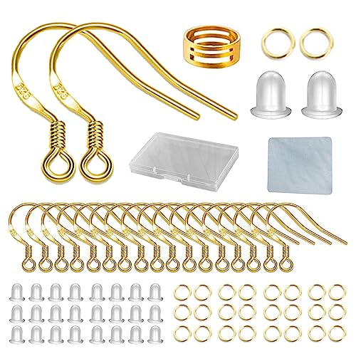 Gold Earring Hooks 80 PCS/40 Pairs, Ear Wires Fish Hooks, 240pcs Hypo-allergenic Jewelry Findings Parts with Jump Rings and Clear Silicone Earring Backs Stoppers for DIY Jewelry Making (14K Gold) - color: Small 14K Gold