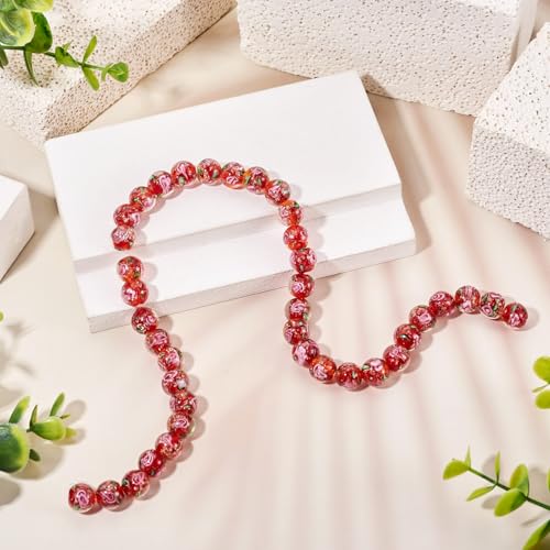Elecrelive 40Pcs 10mm Flower Glass Beads Gold Sand Lampwork Beads FireBrick Floral Round Crystal for DIY Bracelet Necklace Earring Jewelry Making - color: FireBrick