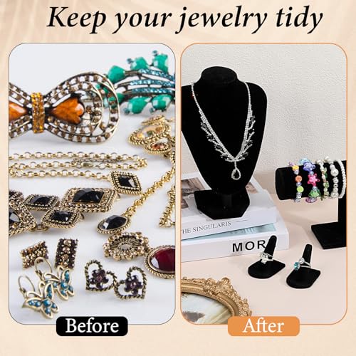 4 Pcs Velvet Jewelry Display Set Velvet Necklace Bust Holder Bracelet Organizer Ring Finger Jewelry Holder Organizer for Vendors Selling Trade Show Retail Home Decor (Black)
