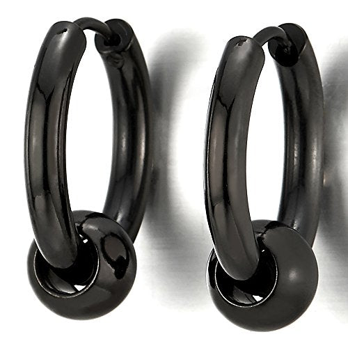 Stainless Steel Circle Beads Huggie Hinged Hoop Earrings for Men Women, 2pc - color: Black, size: Diameter:18MM