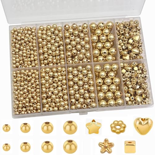 Round Spacer Beads Set for Bracelets, ABS Plastic Gold and Pearl Beads 4/5/6/8mm 4 Size Smooth Ball Bead for Jewelry Making Metal Circle Bead for Bracelet Necklace Earring Making (Golden) - color: Golden