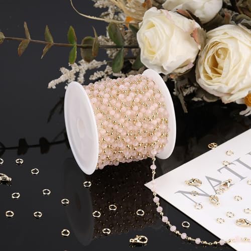 SMYHTGLIF 5 Meters Gold Plated Brass Bead Jewelry Making Chain Pink Crystal Chain Bulk Craft Chain with Lobster Clasps and Jump Rings for Jewelry Making - color: Pink